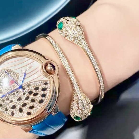 Gold Crystal Double Head Snake Cuff Bracelet - Picture 10 of 16